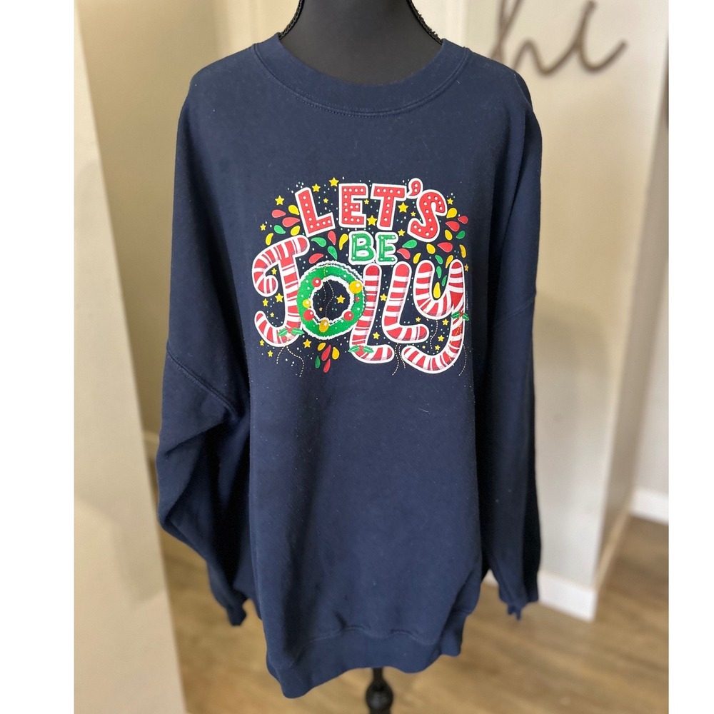 Lets Be Jolly‎ Plus Size 3XL Christmas Sweatshirt Blue Crew Neck Gildan